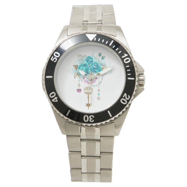 Montre Roses turquoise avec touches (devant)