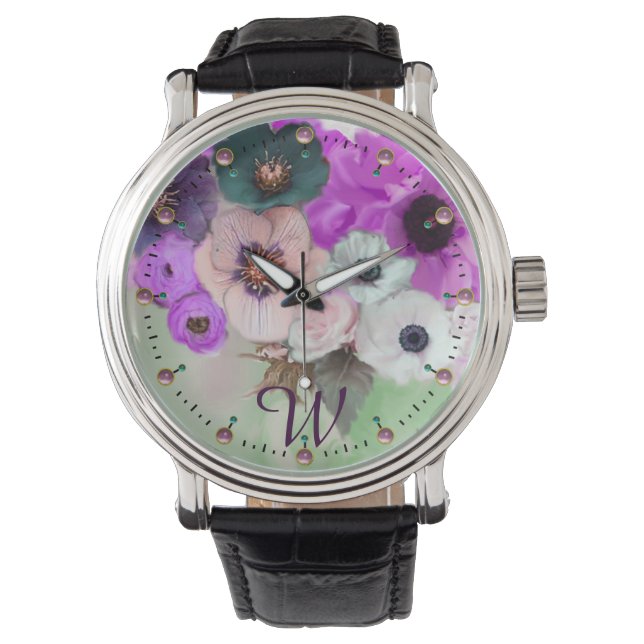MONTRE ROSES VERTS BLANCS PURPLE, MONOGRAMME DES FLEURS D (devant)