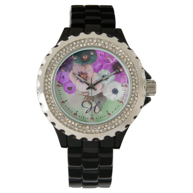 MONTRE ROSES VERTS BLANCS PURPLE, MONOGRAMME DES FLEURS D (devant)