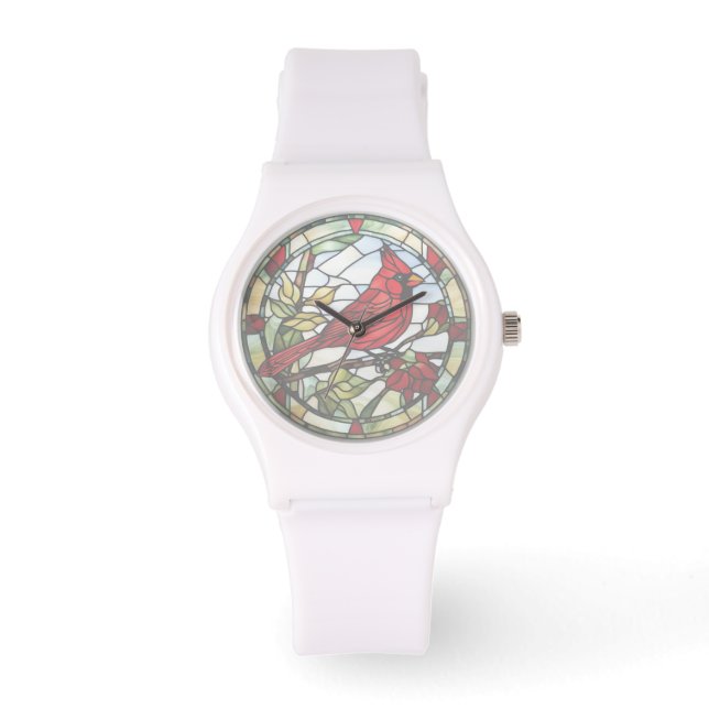 Montre Rouge Cardinal Vitrail Oiseau boisé (Recto)