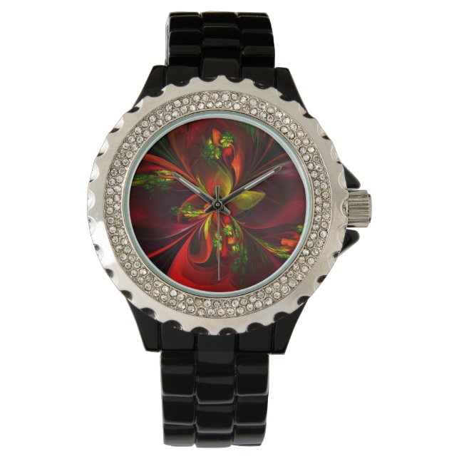 Montre Rouge vert moderne Floral Abstrait Art Motif #05 (devant)