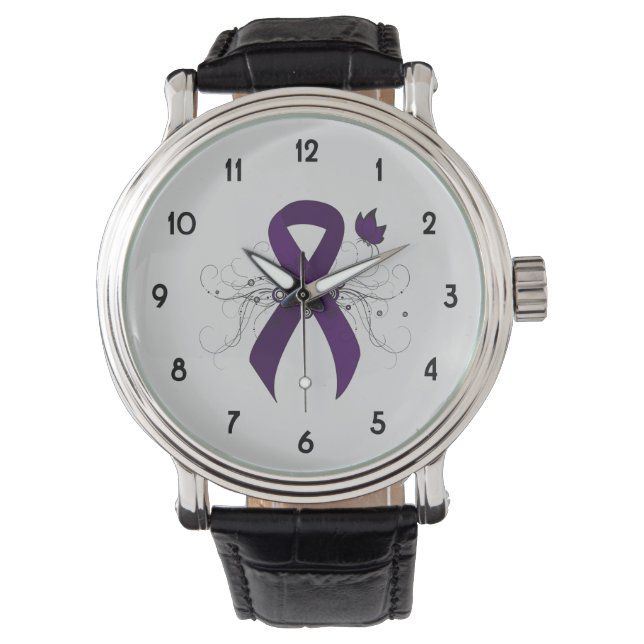 Montre Ruban de sensibilisation au violet avec papillon (devant)