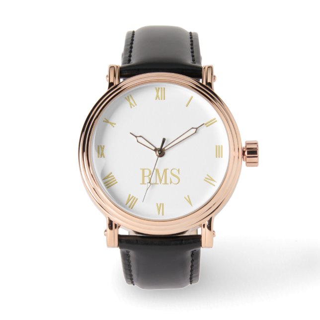 Montre Sangle en cuir noir Rose or monogramme (Recto)