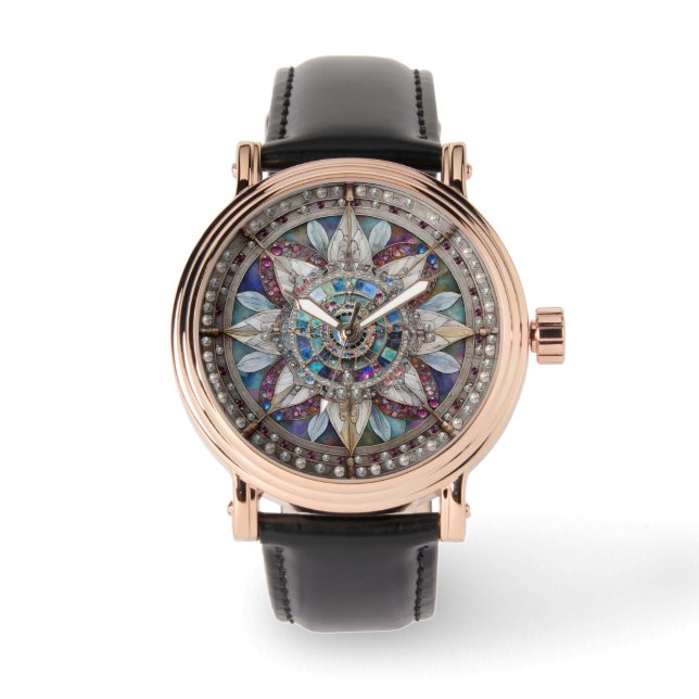 Montre Saphirs roses et bleus Diamants Perles Mandala (Recto)