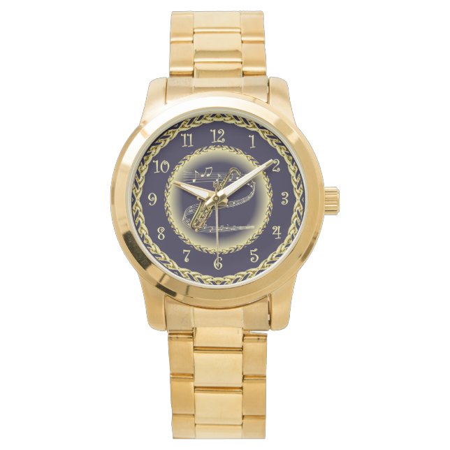 Montre Saxophone ~ Scroll musical ~ Gold/Navy Blue ~ (devant)