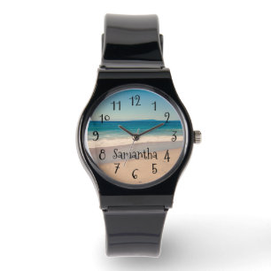 Montre Scène Aqua Beach personnalisée Photo Texte noir