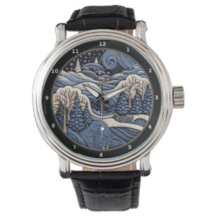 Montre Scène de village enneigé avec des arbres d'hiver