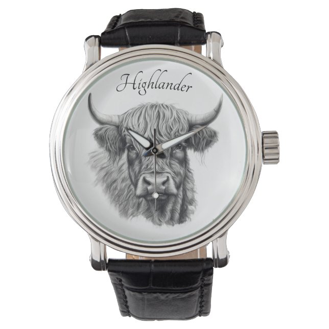Montre Scottish Highland Cow Sketch personnalisable (devant)