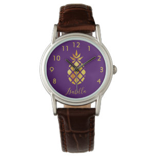 Montre Script de nom d'ananas en or violet