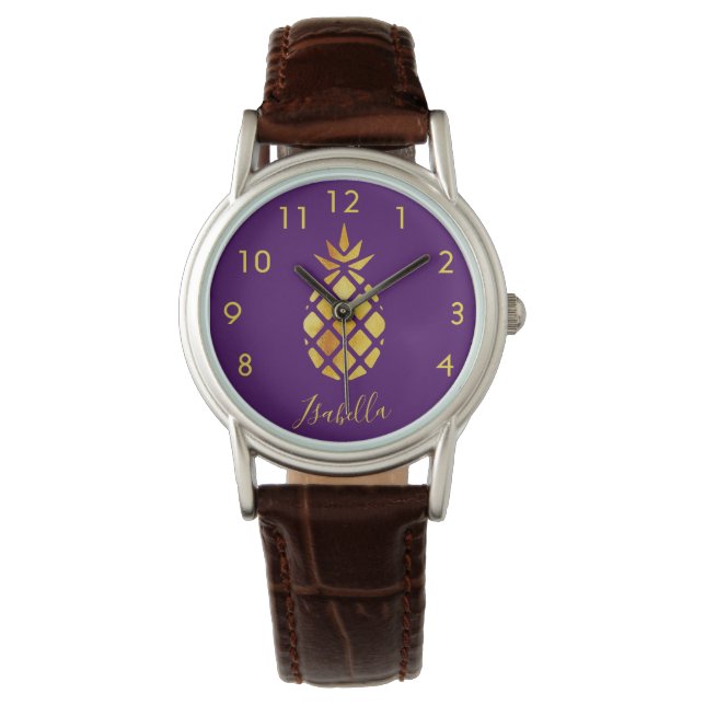 Montre Script de nom d'ananas en or violet (devant)