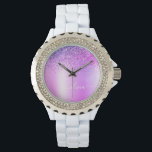Montre Script girly pailleté monogramme violet<br><div class="desc">Montre à monogramme en métal brossé avec faux paillettes métalliques violettes. C'est le cadeau parfait pour une remise de diplôme, un anniversaire, un mariage, une douche de mariée, un anniversaire de mariage, une baby shower ou une soirée entre filles pour quelqu'un qui aime le luxe glamour et les styles chics....</div>