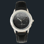 Montre Script Monogram Girly Name<br><div class="desc">Parties scintillant à étincelles noir et argent Script Monogramme Nom Monographie. Cela rend le cadeau parfait pour 16 ans,  mariage,  douche nuptiale,  anniversaire,  baby shower ou bachelorette pour quelqu'un qui aime le luxe glam et les styles chic.</div>
