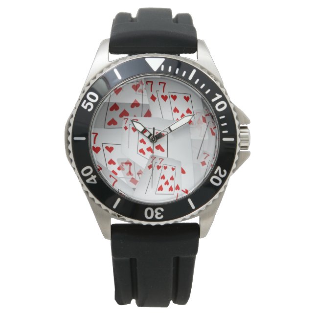 Montre Sevens, Cartes De Poker, Mens Black Rubber Watch. (devant)