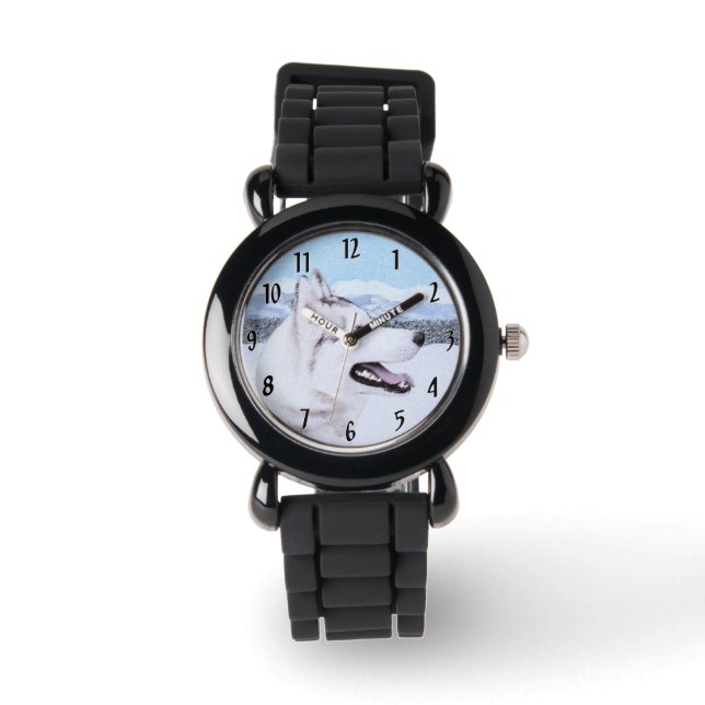 Montre Sibérie Husky (argent et blanc) Peinture Chien Art (Recto)