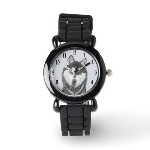 Montre Sibérie Husky (noir et blanc) Peinture Chien Art