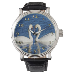 Montre Signe blanc de coeur de forme de deux cygnes
