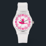 Montre Silhouette Danseuse de cadre rose<br><div class="desc">Cadre floral rose et silhouette danseuse, sur arrière - plan blanc personnalisé. Si vous avez besoin d'aide pour customiser un de mes designs, contactez le concepteur ArtOnWear. Mise en forme de texte gratuite avec aide en direct disponible sur demande.</div>