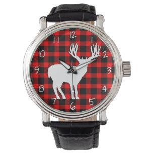 Montre Silhouette de cerf sur plaque rouge noire
