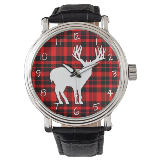 Montre Silhouette de cerf sur plaque rouge noire (devant)