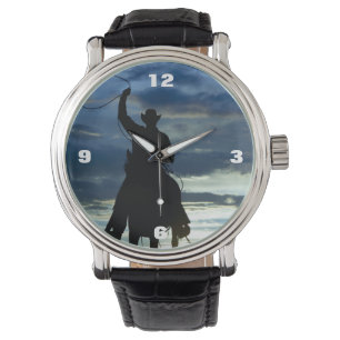 Montre Silhouette de cowboy d'équitation de coucher du