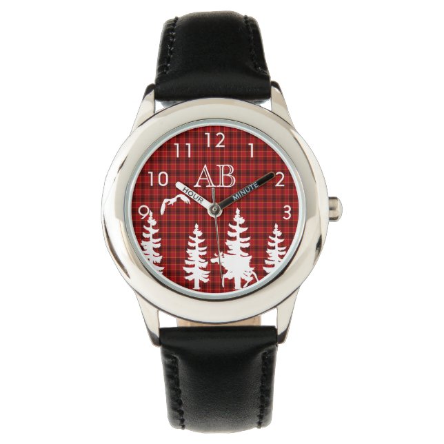 Montre Silhouettes de la faune blanche plaid rouge (devant)
