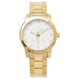 Montre Simple croix d'or chrétienne avec monogramme