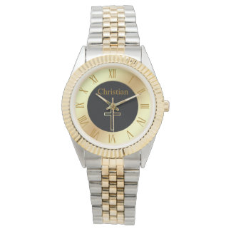 Montre Simple croix d'or chrétienne avec monogramme
