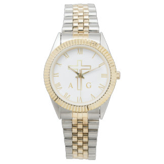 Montre Simple croix d'or chrétienne avec monogramme