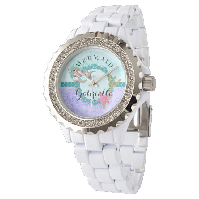 Montre Sirène d'aquarelle turquoise et violette (Incliné)