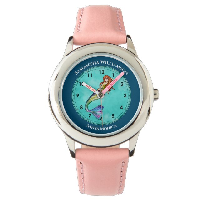 Montre Sirènes avec long cheveux ondulés Cercle Turquoise (devant)