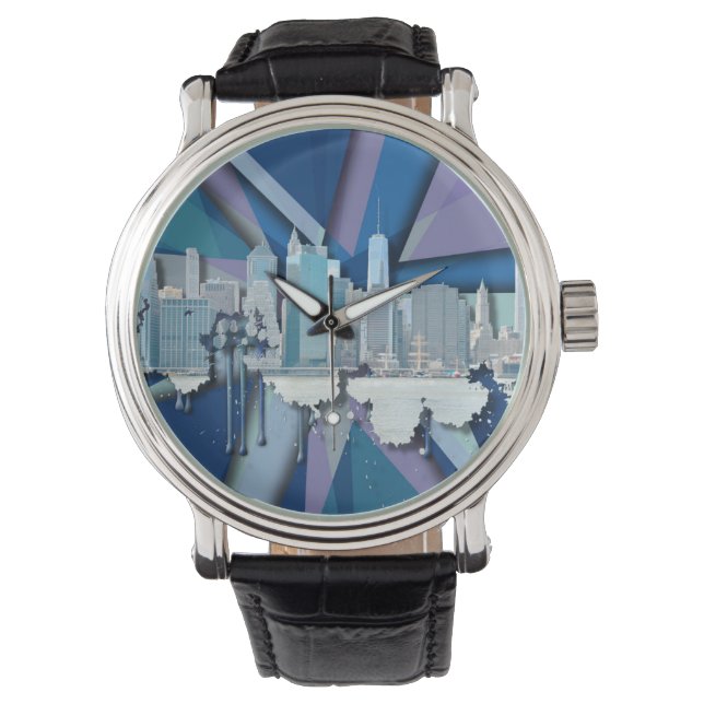 Montre Skyline de New York | Bleu 3D (devant)