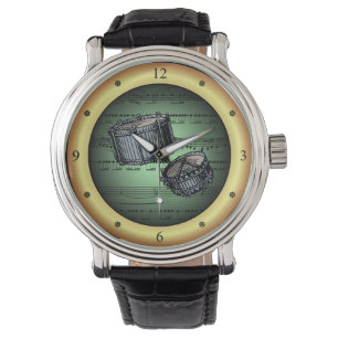 Montre Snare Drums ~ Sheet Music ~ Arrière - plan Vert/Or