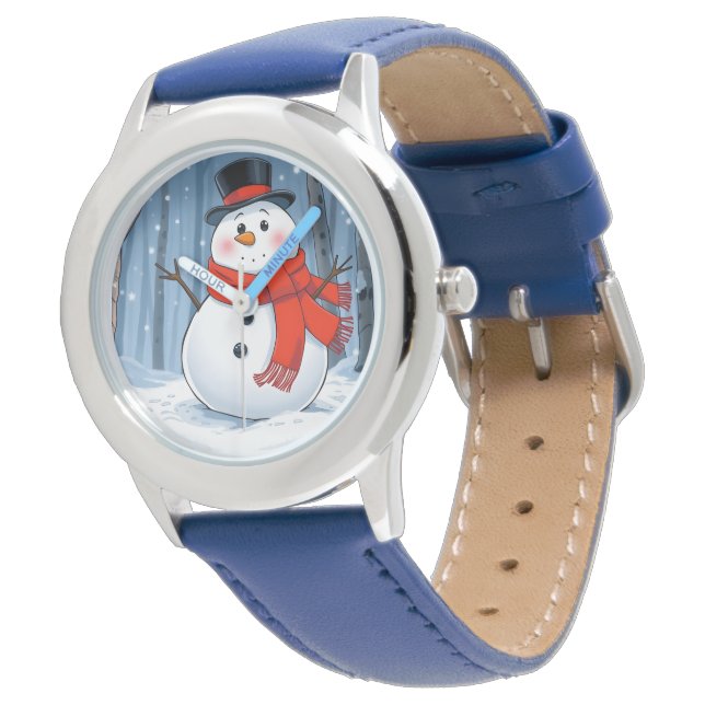 Montre Snowman dans la forêt froide avec foulard rouge (Incliné)
