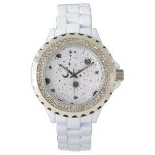 Montre Soleil Lune Étoiles Célestes Noir et Rose