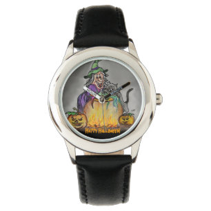 Montre Sorcière et chat, Joyeux Halloween !