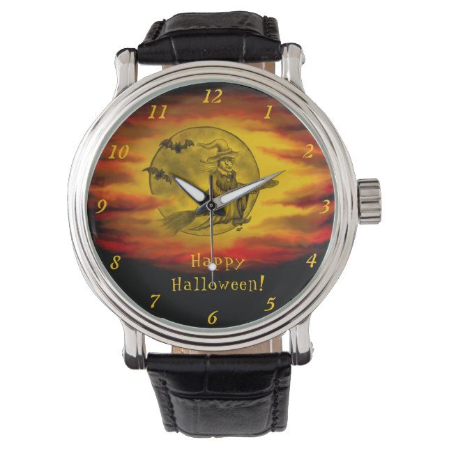 Montre Sorcière volante avec chat noir, nuit halloween (devant)