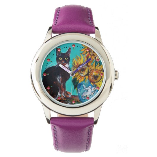Montre SOUFFLE AVEC CHAT NOIR, Jaune, Bleu Turquoise (devant)