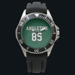 Montre Sports Jersey Inspired Custom Name Number<br><div class="desc">Celebrate a birthday, wedding, anniversary, or other special day with this custom sports jersey inspired stainless steel watch. The name and number sits centered in outline text on a solid background (the forest green, black, and white can be changed to the colors of your choice). This watch is ideal for...</div>