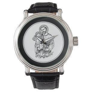 Montre St Joseph Priez pour nous Noir, Blanc, Catholique