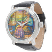 Montre Stained Glass Grandma Knitting, Cat & Cozy Home  (Incliné)