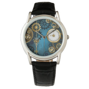 Montre Steampunk Arrière - plan turquoise avec Gears