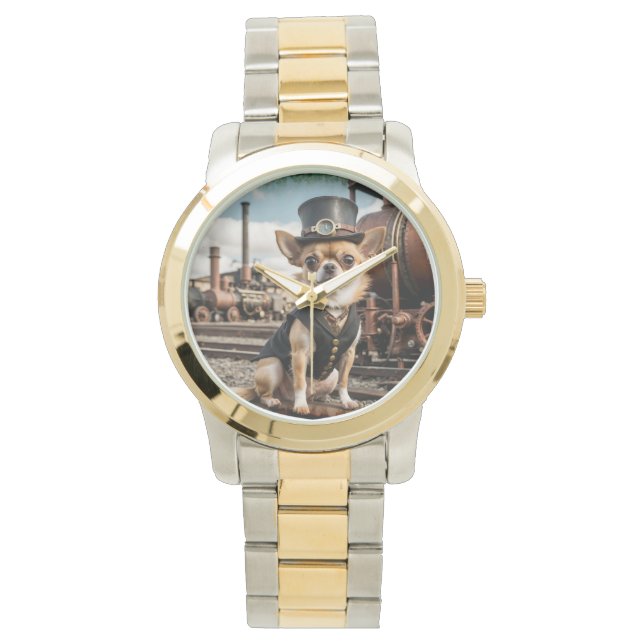 Montre Steampunk Chihuahua et train (devant)