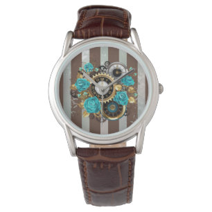 Montre Steampunk Clock and Turquoise Roses on Striped