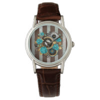Steampunk Clock and Turquoise Roses on Striped