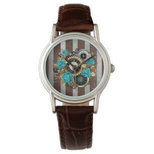 Montre Steampunk Clock and Turquoise Roses on Striped