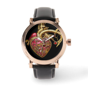 Montre Steampunk Coeur Anatomique rubis et engrenages