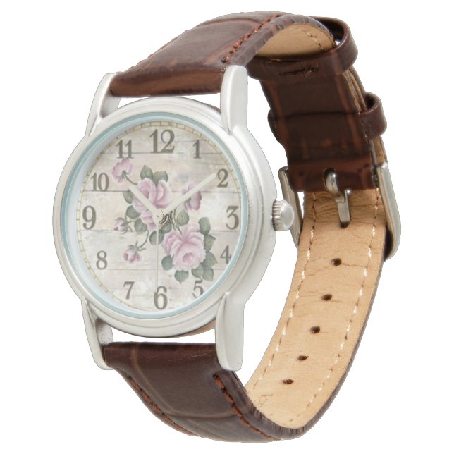 Montre Style : Montre/Fleurs en Cuir Brown pour femmes (Incliné)