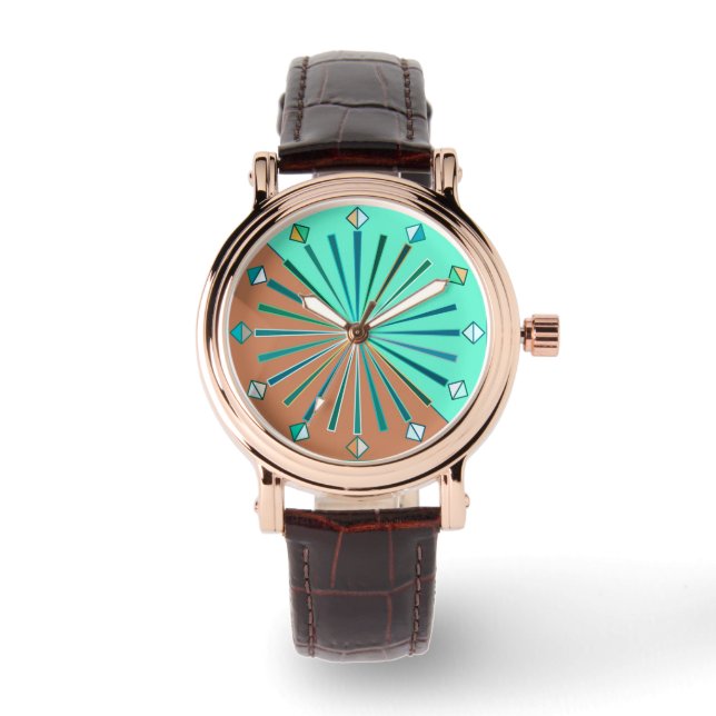 Montre Sunburst géométrique moderne, Aqua & Chocolat Brow (Recto)