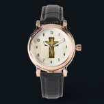 Montre Symbole de croix en bois de foi et d'espoir<br><div class="desc">Une montre classique avec une croix en bois dans les tons brun foncé autour de la frontière lui donnant un aspect brûlé tandis que le reste de la croix est un brun doré avec des lignes et des gravures dans le bois. L'arrière - plan est une texture avec un aspect...</div>