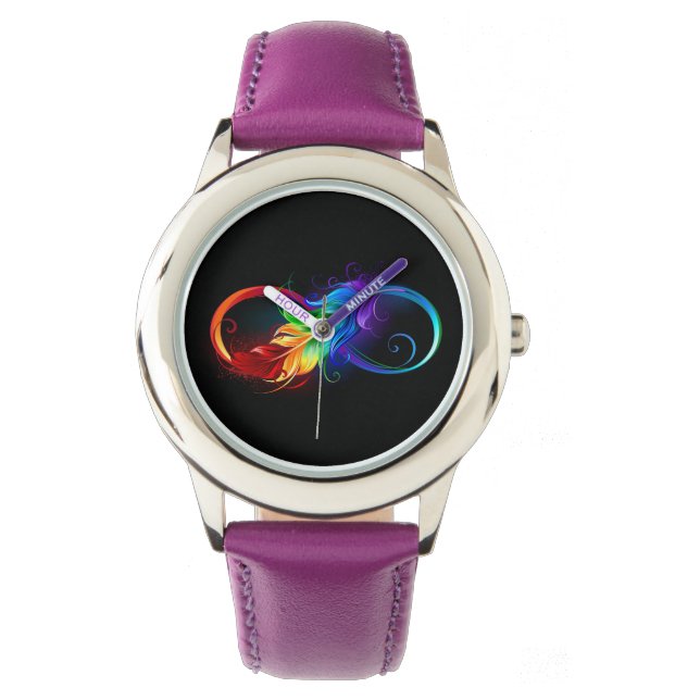 Montre Symbole d'infini avec plume arc-en-ciel (devant)